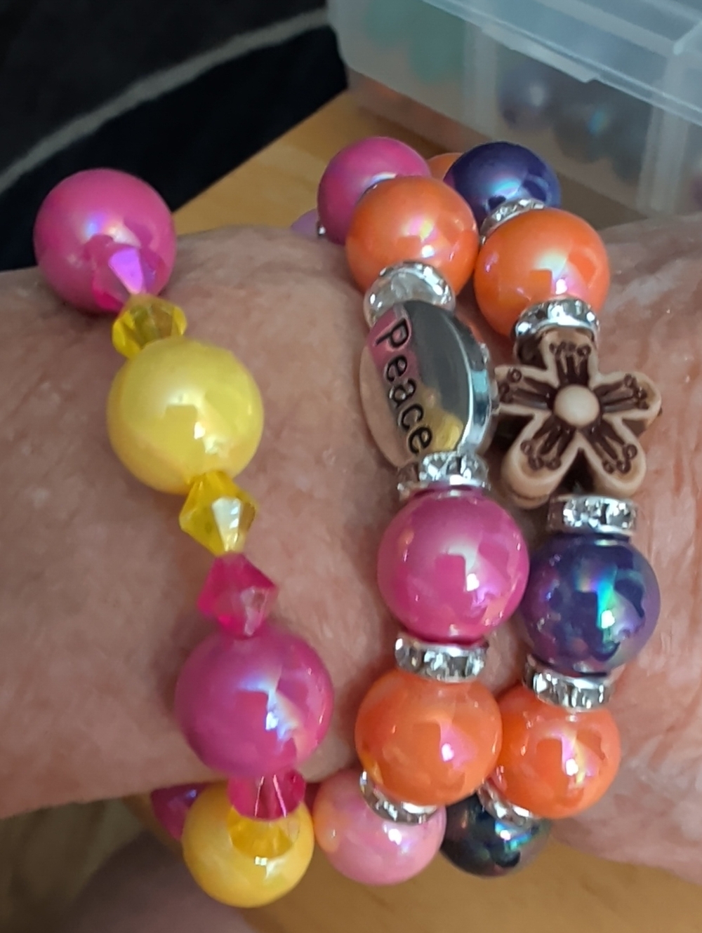 Colorful Pink & Yellow Beaded Stretch Bracelet - Peace Charm. NWOT